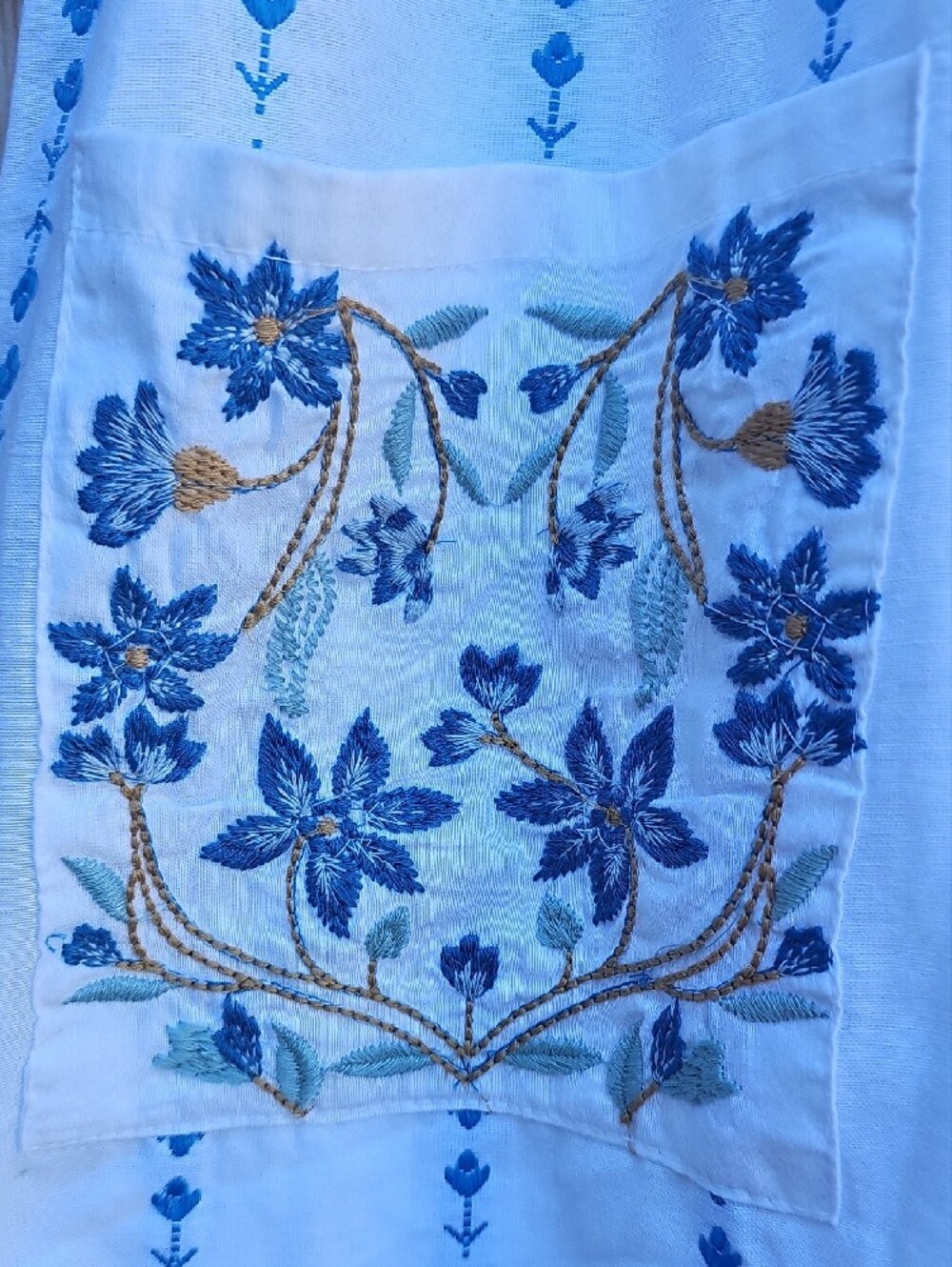 White Dress With Light Blue Stripes Embroidered Button-Front Midi Dress - Picture 4 of 14